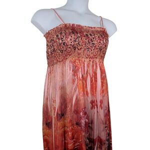 Pink Orange Floral Sequin Smocked Maxi Dress One Size Resortwear Lightweight
